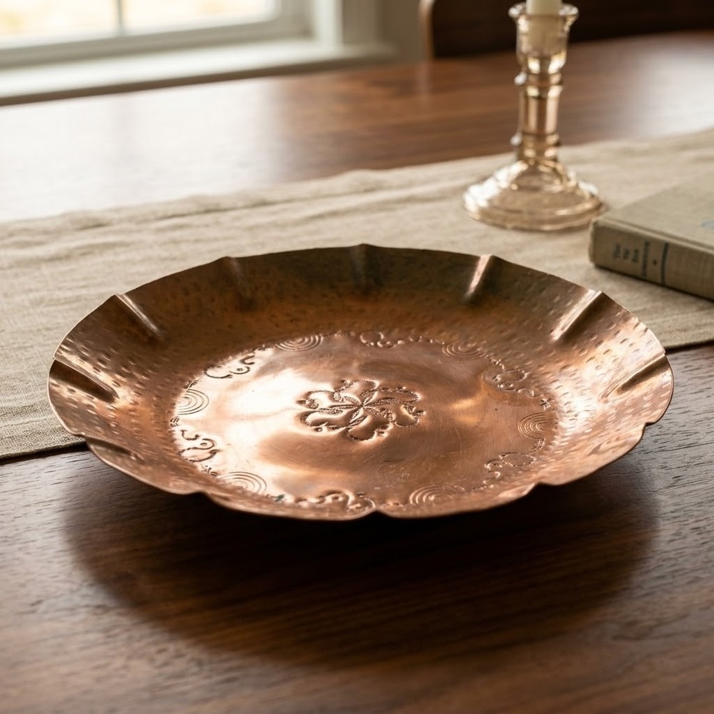 Vintage Hammered Copper Wall Hanging Plate 13.5 Inch Hand Tooled Floral Decor
